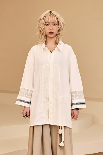Lace Colour Combination Linen Shirt Ivory