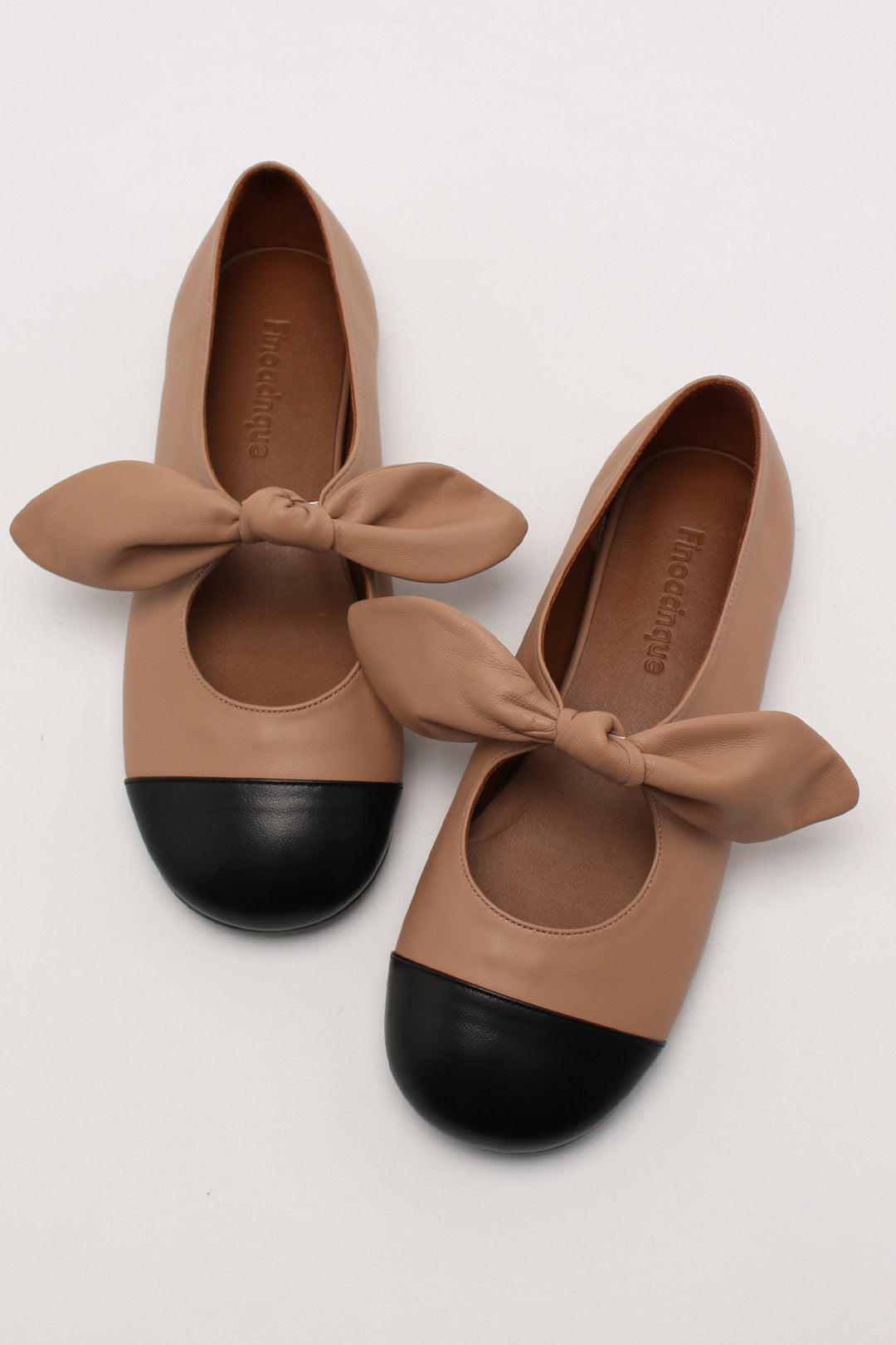 Finoacinque Lina Ribbon Maryjane flat shoes in charcoal and beige combination with ribbon straps and rounded toe.