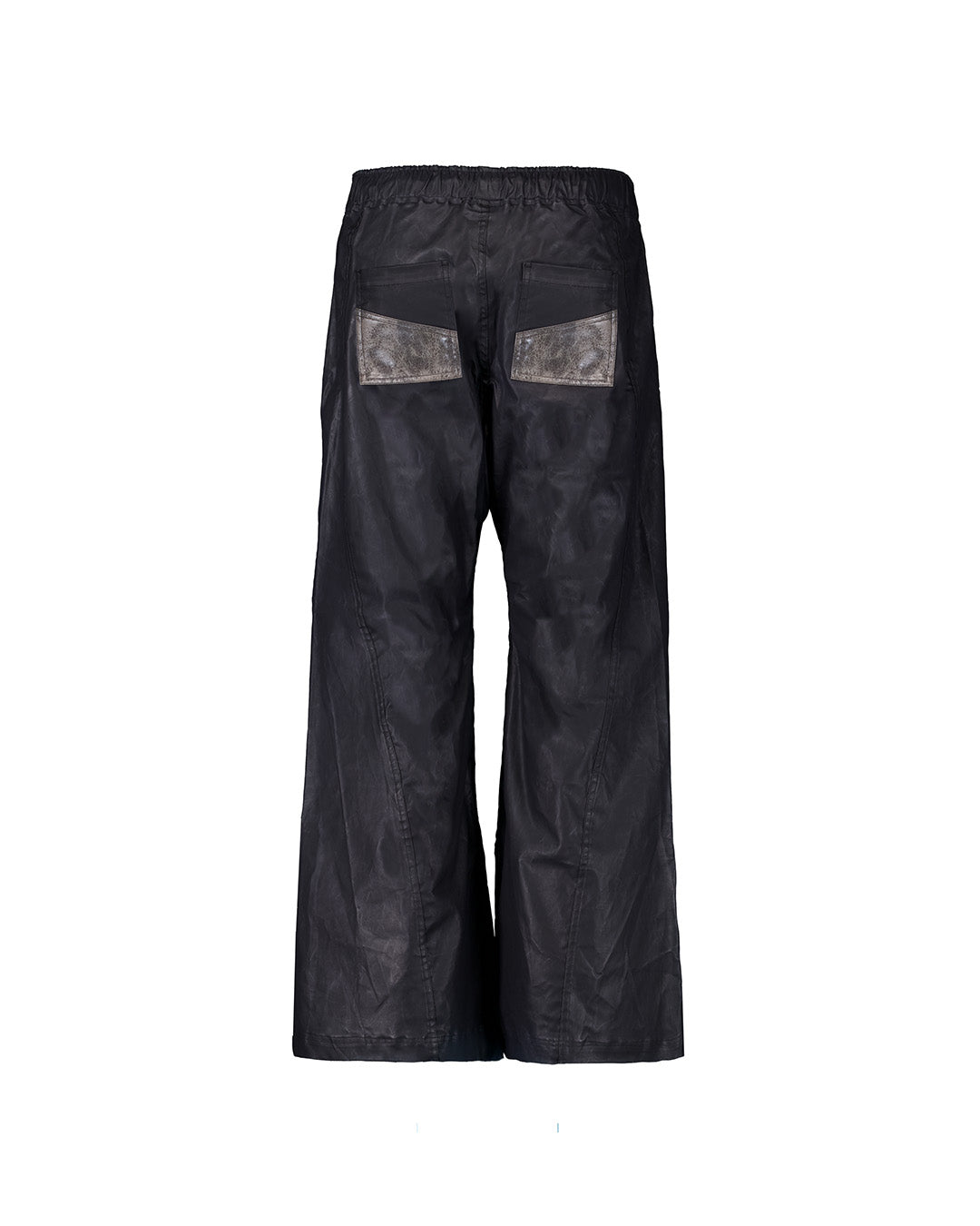 Black KIMMICK leather cargo pants with scratched detailing, featuring multiple pockets and a relaxed fit.