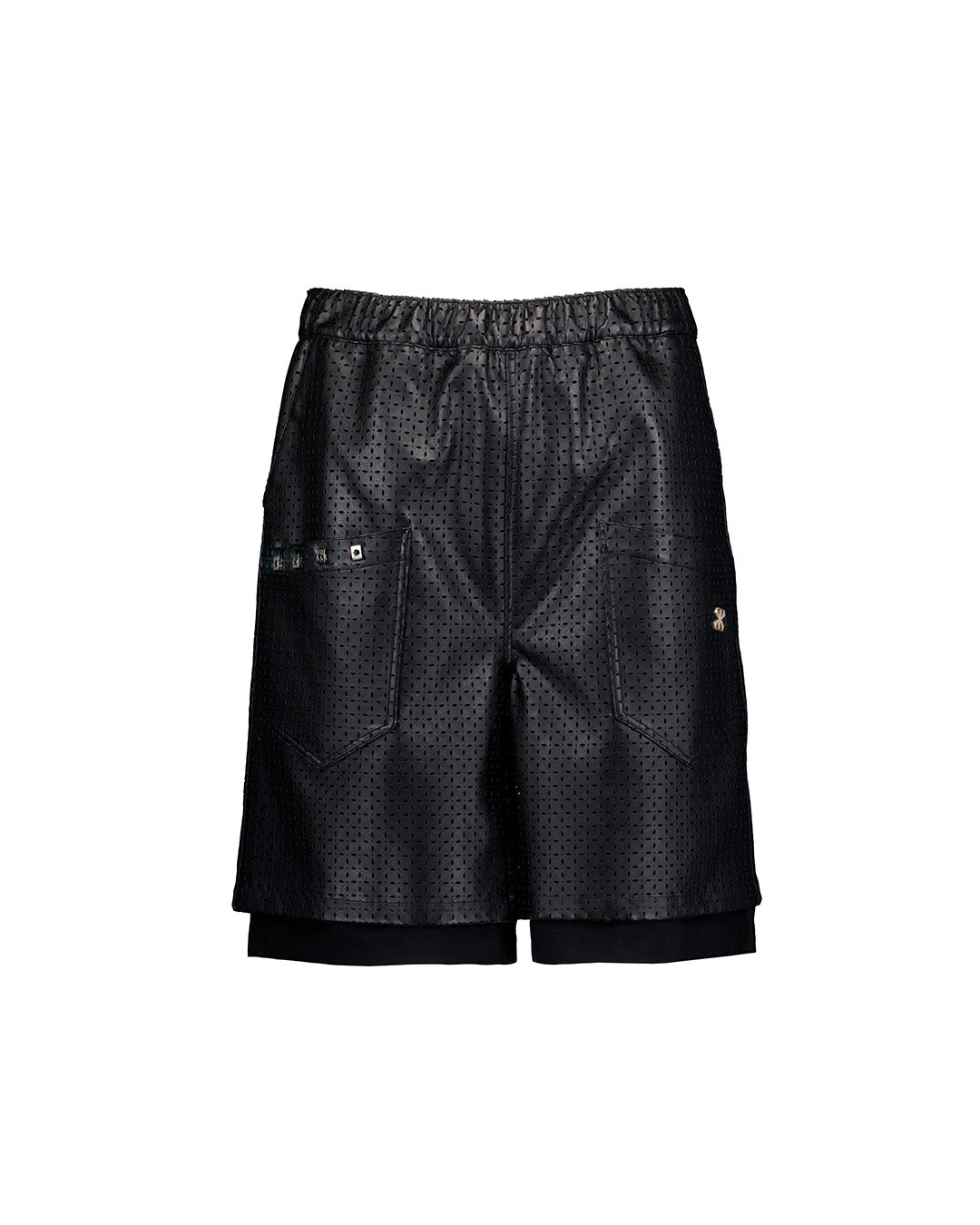 Black leather layered shorts with dagger punch detailing from KIMMICK, featuring a stylish bottom design and edgy craftsmanship.