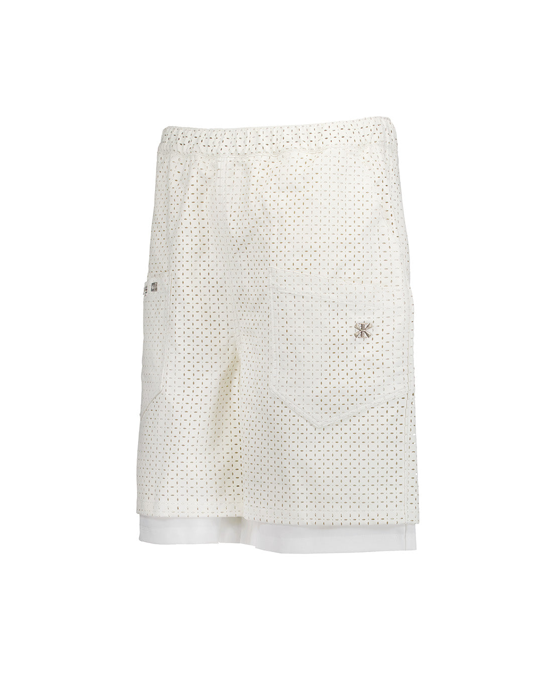 White leather layered shorts with dagger punched design from KIMMICK, featuring a stylish and edgy bottom style.