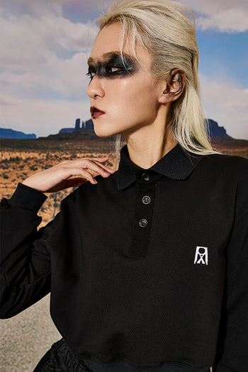 Pique Collar Cropped Sweatshirt Black