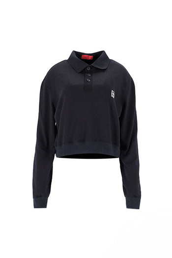 Pique Collar Cropped Sweatshirt Black