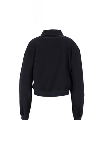 Pique Collar Cropped Sweatshirt Black