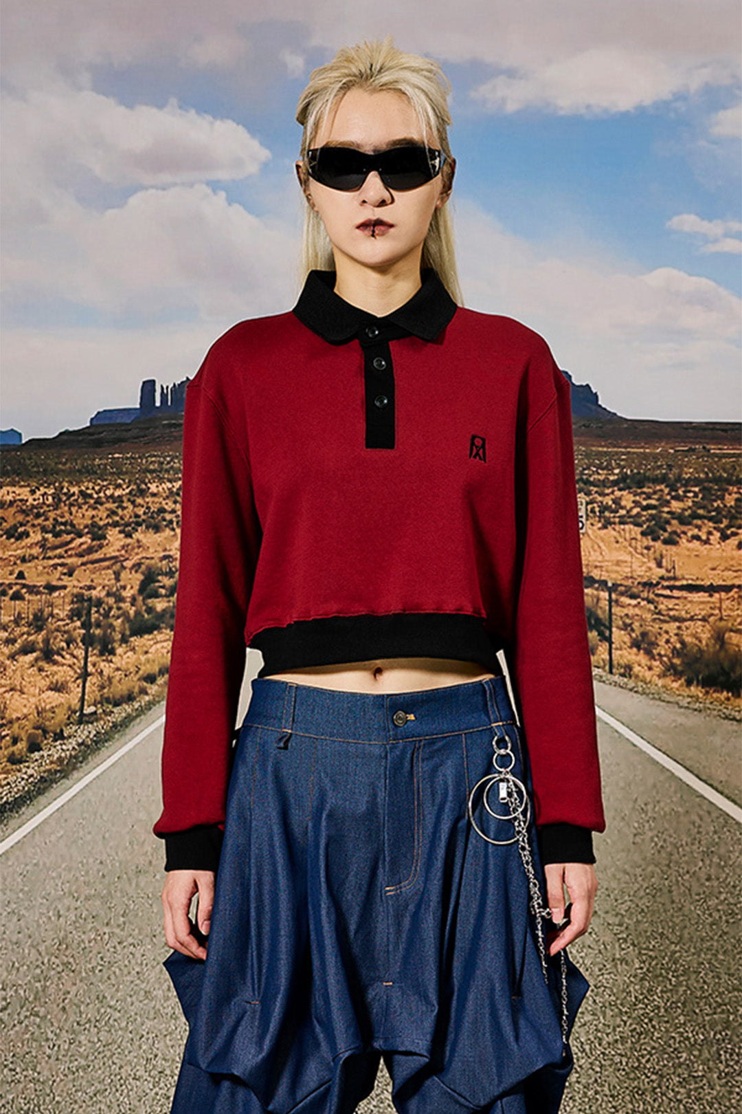 Pique collar Cropped Sweatshirt Burgundy