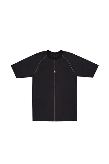 KIMMICK Creviced Bite black raglan half sleeve top showing textured fabric and relaxed fit on a mannequin.