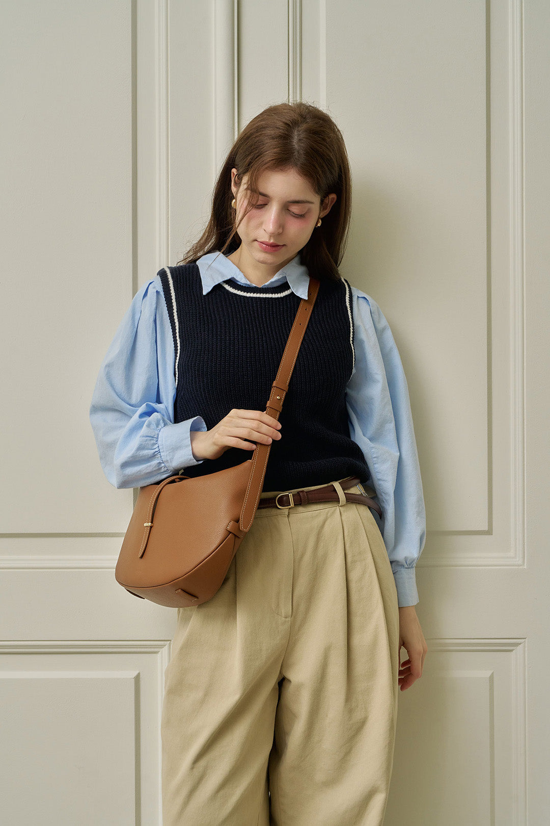 MIULIN Shellie Hobo Bag in camel leather with soft slouchy design and adjustable strap, perfect for casual or chic outfits.