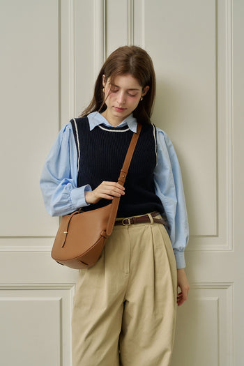 MIULIN Shellie Hobo Bag in camel leather with soft slouchy design and adjustable strap, perfect for casual or chic outfits.