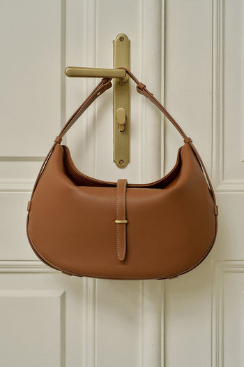 MIULIN Shellie Hobo Bag in camel with soft leather, featuring a slouchy design and a single shoulder strap.