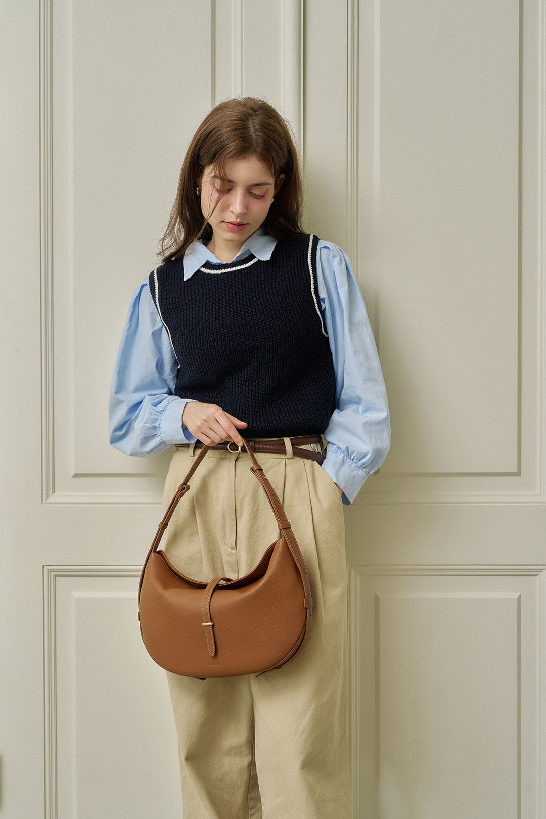 MIULIN Shellie Hobo Bag in camel color with soft leather and slouchy design, featuring a spacious interior and shoulder strap