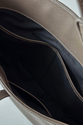 MIULIN Shellie Hobo Bag in Etoupe leather, featuring a slouchy design with shoulder strap and subtle stitching details.