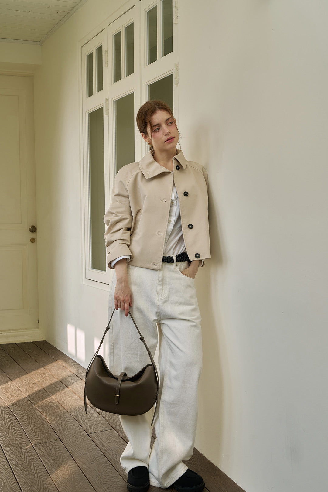 MIULIN Shellie Hobo Bag in Etoupe leather with slouchy design and shoulder strap, displayed on a neutral background.