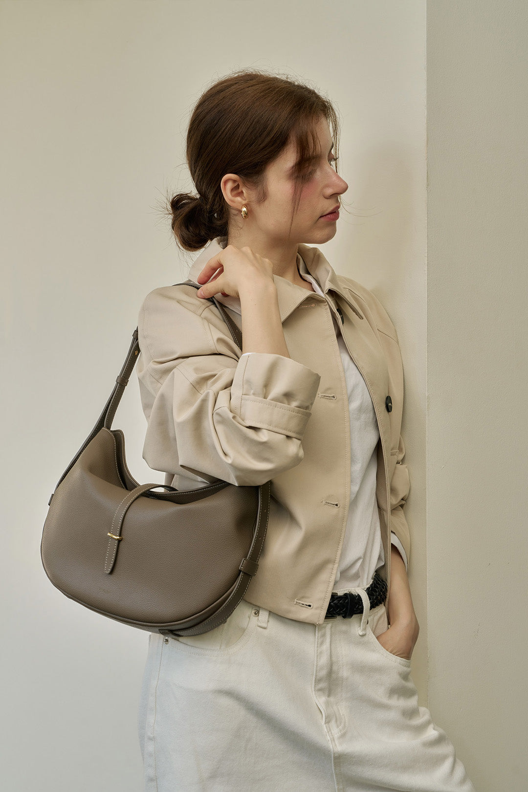 MIULIN Shellie Hobo Bag in Etoupe leather, showing the sleek design and spacious interior of the stylish, casual handbag.