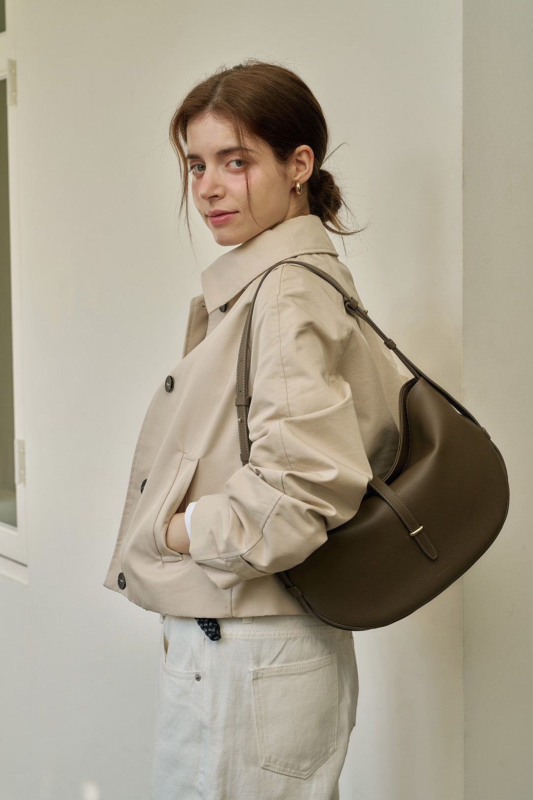 MIULIN Shellie Hobo Bag in Etoupe color, featuring soft leather and a stylish, slouchy design with a spacious interior.