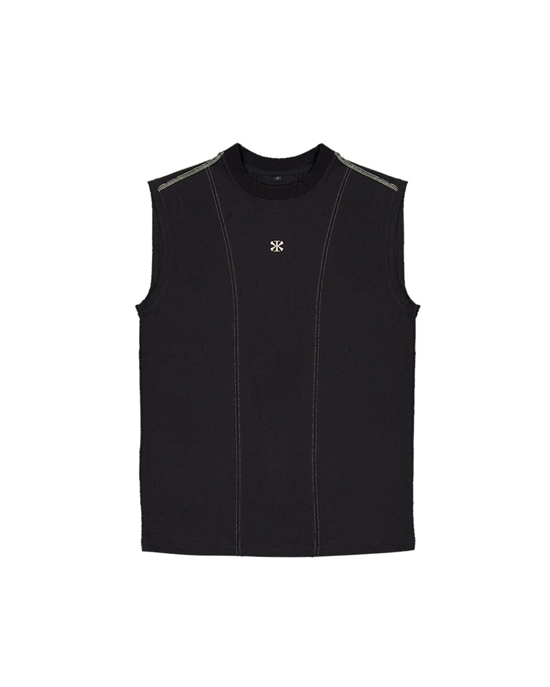 Black creviced stealth-stitched sleeveless top by KIMMICK, showcasing its textured fabric and sleek sleeveless design.