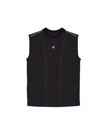 Black creviced stealth-stitched sleeveless top by KIMMICK, showcasing its textured fabric and sleek sleeveless design.