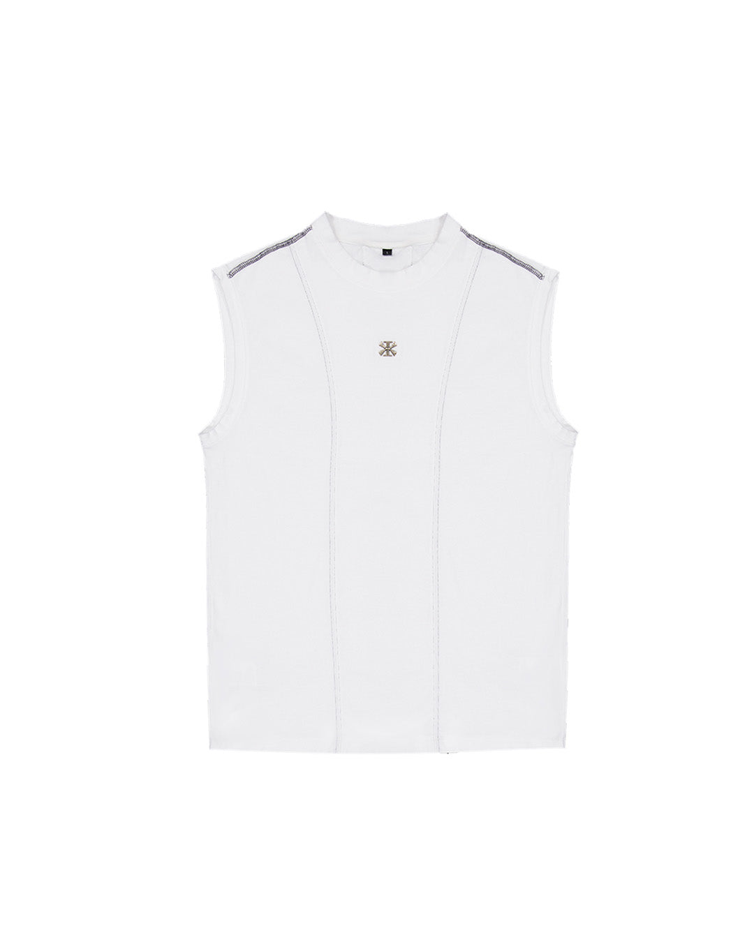 White creviced stealth-stitched sleeveless top by KIMMICK, showcasing detailed stitching and modern sleeveless design.