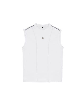 White creviced stealth-stitched sleeveless top by KIMMICK, showcasing detailed stitching and modern sleeveless design.