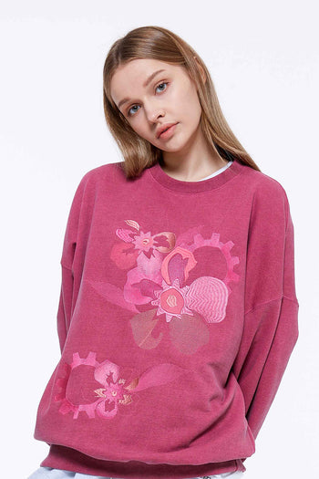 Big Flower Embroidery Pigment Sweatshirt Pink