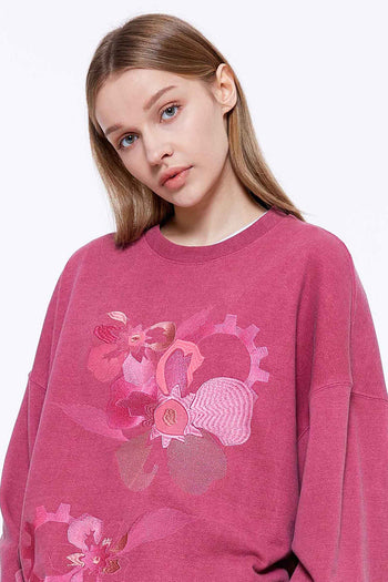 Big Flower Embroidery Pigment Sweatshirt Pink