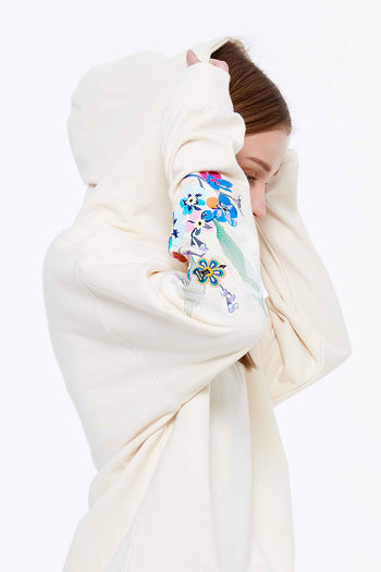 Machine Flower Embroidery Hoodie Cream