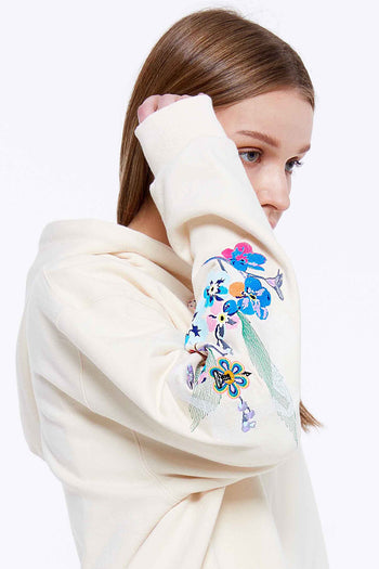 Machine Flower Embroidery Hoodie Cream