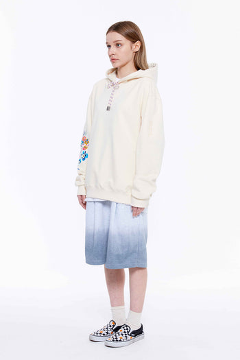 Machine Flower Embroidery Hoodie Cream