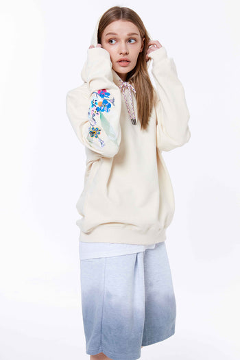 Machine Flower Embroidery Hoodie Cream