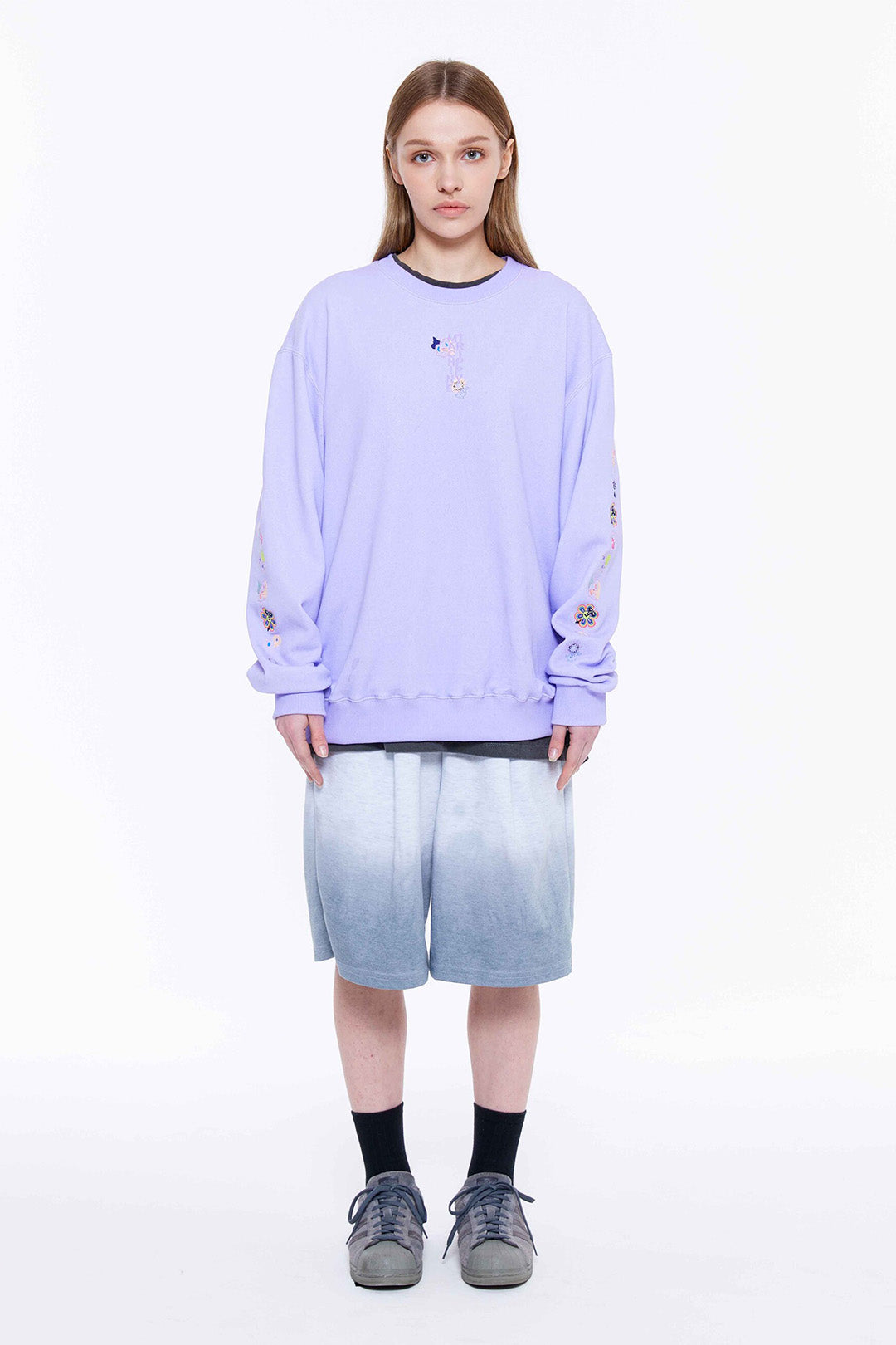 Sleeve Line Flower Embroidery Sweatshirt Light Violet