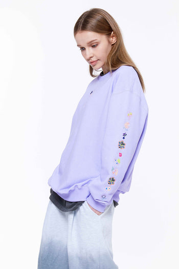 Sleeve Line Flower Embroidery Sweatshirt Light Violet