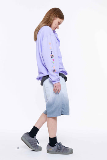 Sleeve Line Flower Embroidery Sweatshirt Light Violet