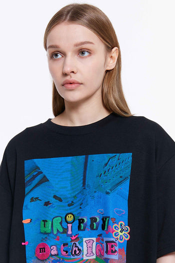 Trippy Machine Graphic Embroidery T-shirt Black