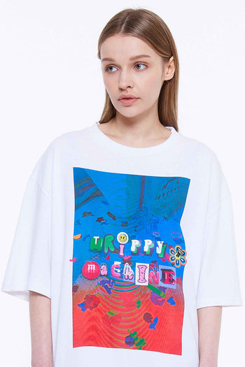 Trippy Machine Graphic Embroidery T-shirt White