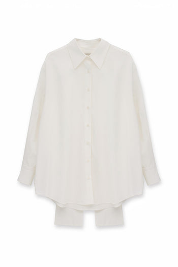 White EUNJO ribbon back shirt with a stylish ribbon detail at the back, casual long-sleeve design, perfect for everyday wear.