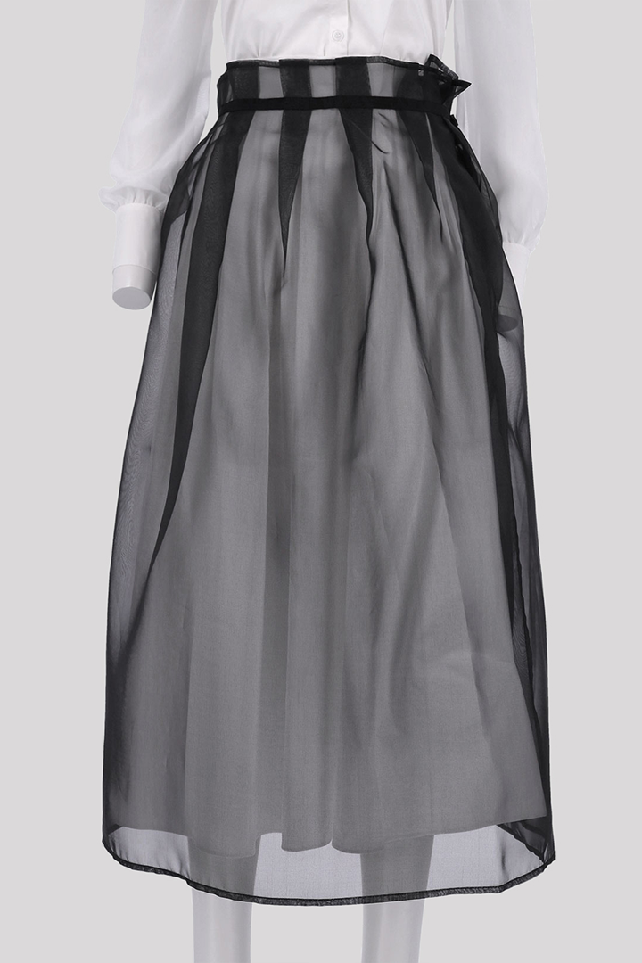 Black Charlock No-Bang See-Through Skirt by Ahhorn, lightweight and sheer, designed as a stylish and breathable bottoms piece.