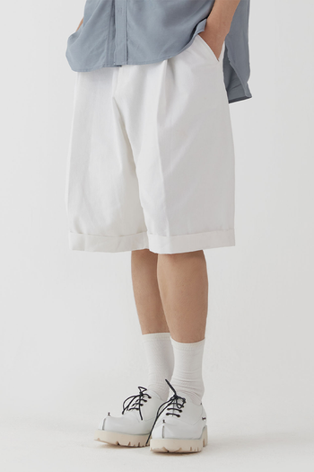 White Peach Balloon Double Wide Half Shorts by Ahhorn, stylish bottoms with a relaxed fit and comfortable design.