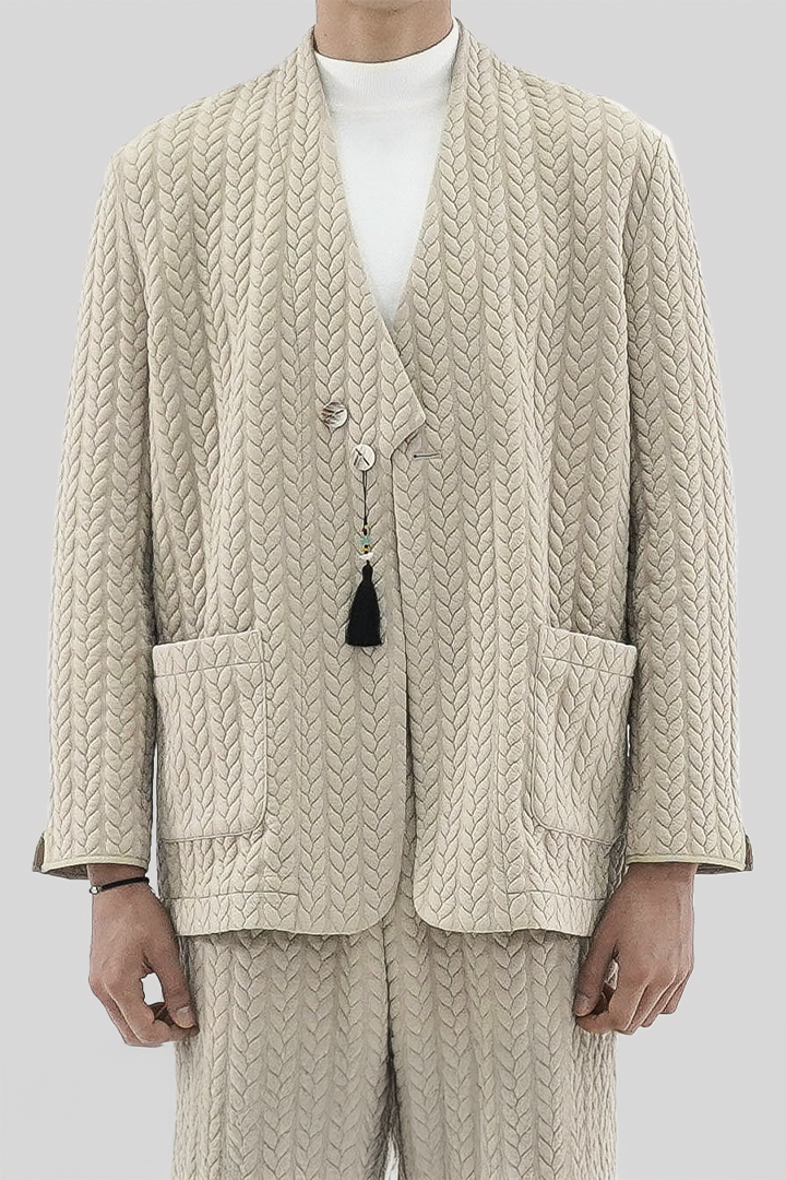 Beige men's twisted overcoat cardigan with traditional short collar by Ahhorn, showcasing textured fabric and classic design.