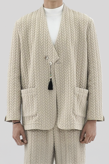 Beige men's twisted overcoat cardigan with traditional short collar by Ahhorn, showcasing textured fabric and classic design.
