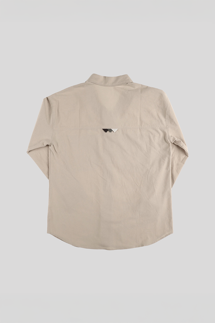 Beige casual Hanbok Mokpan collar shirt by Ahhorn, featuring traditional-inspired design and comfortable fabric.