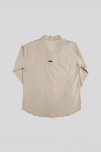 Beige casual Hanbok Mokpan collar shirt by Ahhorn, featuring traditional-inspired design and comfortable fabric.
