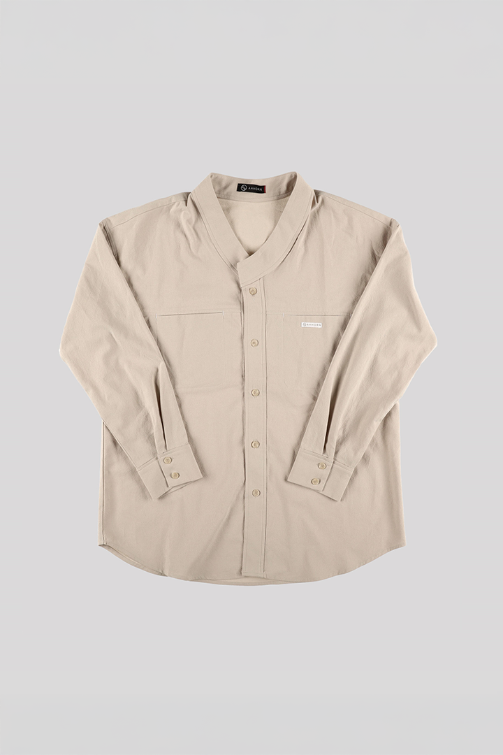 Beige casual Hanbok Mokpan collar shirt by Ahhorn, featuring traditional-inspired design and comfortable fabric for everyday wear.
