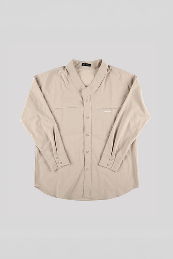 Beige casual Hanbok Mokpan collar shirt by Ahhorn, featuring traditional-inspired design and comfortable fabric for everyday wear.