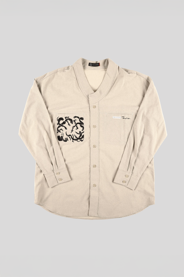 Beige casual Hanbok Mokpan collar shirt by Lee Jun Won from Ahhorn, styled with traditional-inspired design and relaxed fit.