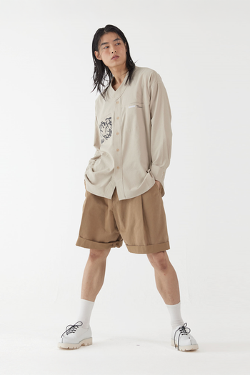 Beige casual Hanbok Mokpan collar shirt by Lee Jun Won from Ahhorn, featuring a traditional-inspired design and comfortable fit.