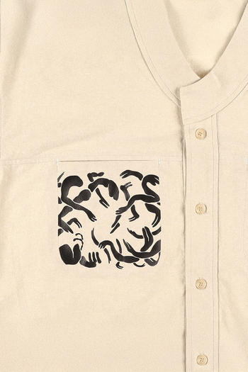 Beige casual Hanbok Mokpan collar shirt by Lee Jun Won, styled with traditional Korean design, made by Ahhorn.