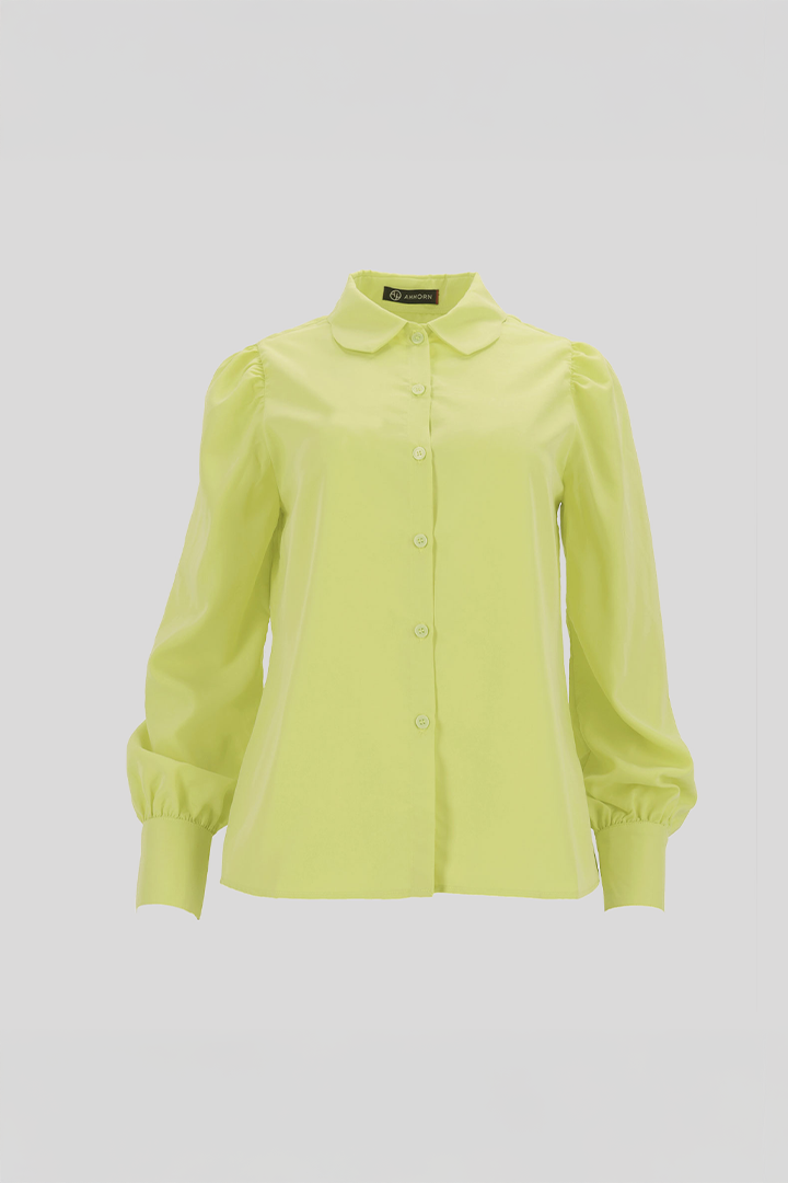 Beige tile-shaped curved blouse from Ahhorn, stylish shirt with unique geometric design and comfortable fit.