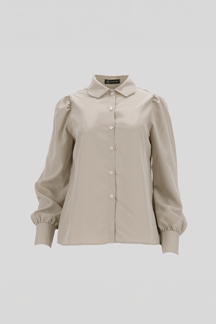 Beige tile-shaped curved blouse by Ahhorn, stylish shirt with unique geometric design, one size fits most.