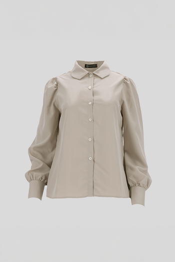 Beige tile-shaped curved blouse by Ahhorn, stylish shirt with unique geometric design, one size fits most.