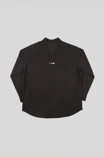 Black casual Hanbok Mokpan collar shirt by Ahhorn, featuring traditional-inspired design and comfortable fit, shown on a mannequin.