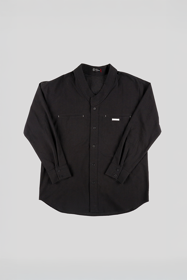 Black casual Hanbok Mokpan collar shirt by Ahhorn, displayed on a mannequin, featuring traditional-inspired design and comfortable fit.